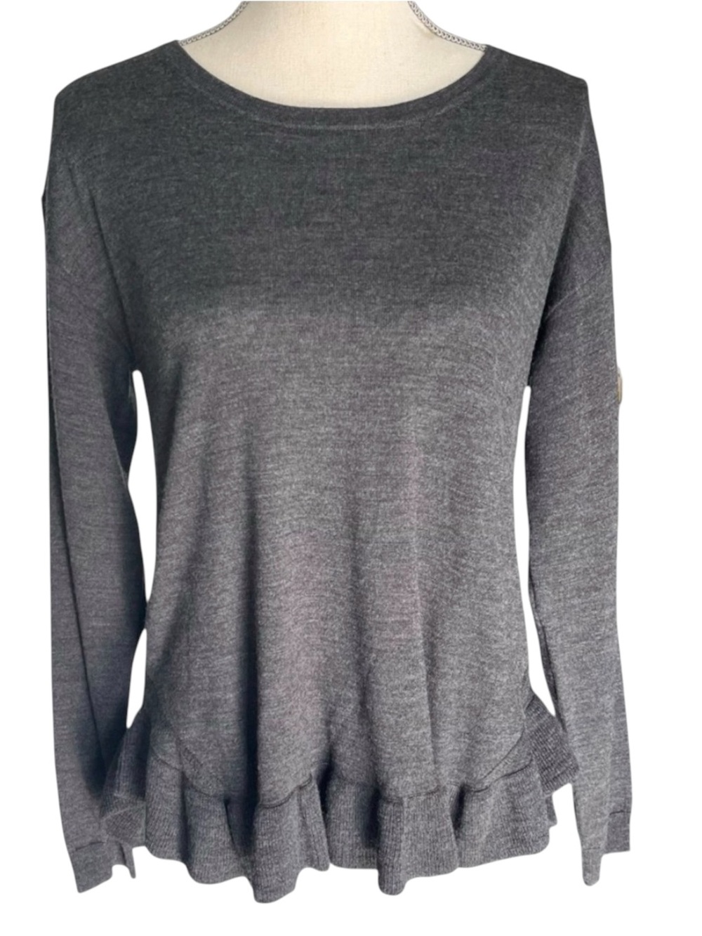 Lord & Taylor Grey Extra Fine Merino Ruffle-Hem Lightweight Sweater Top (M)
